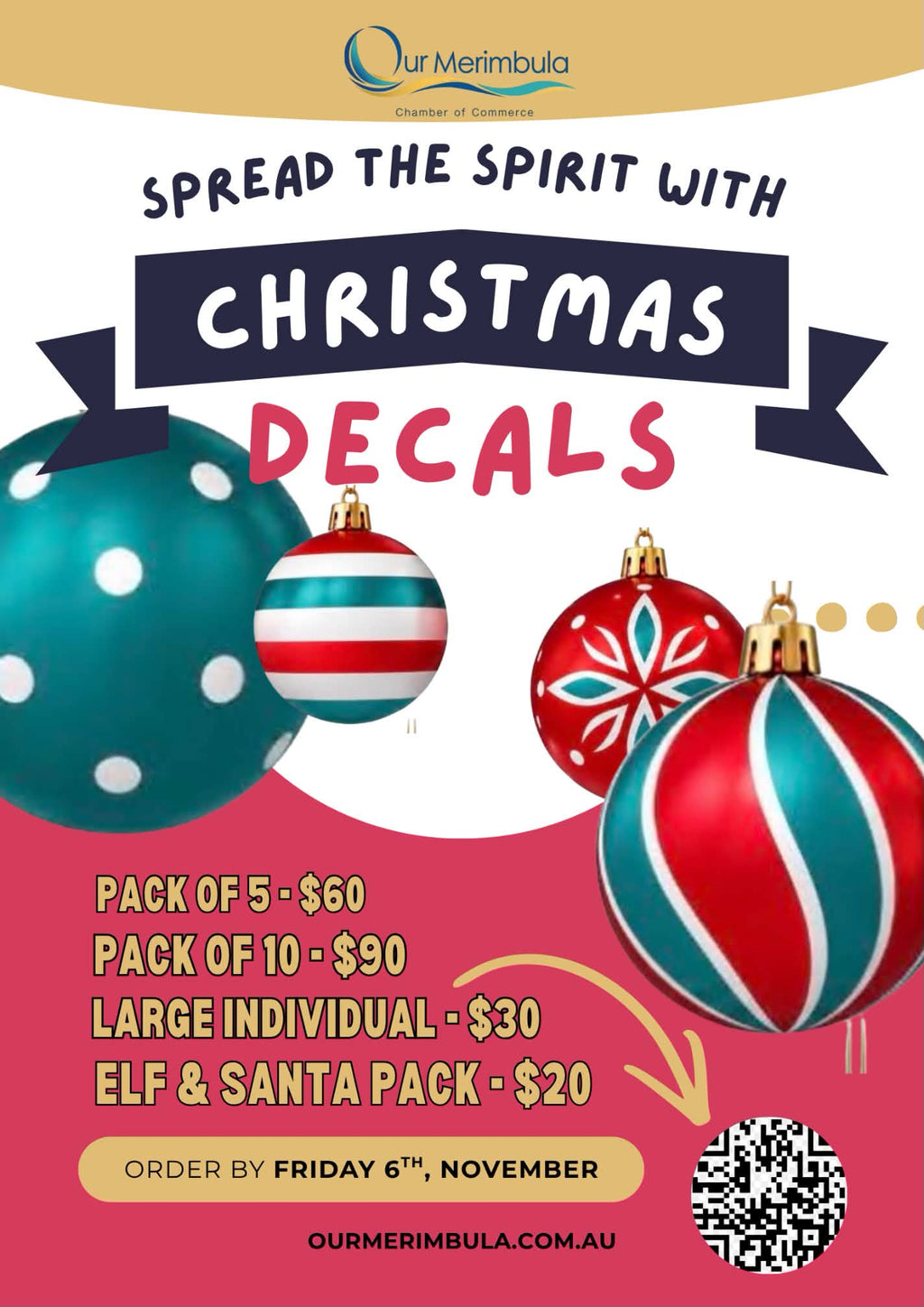 Our Merimbula Christmas decals flyer showing packs and prices, with orders due 6 November